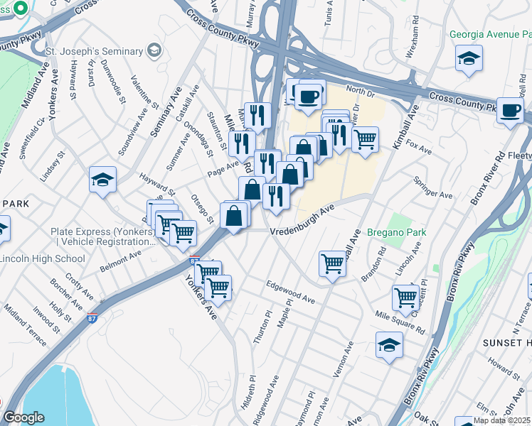map of restaurants, bars, coffee shops, grocery stores, and more near 900 Mile Square Road in Yonkers
