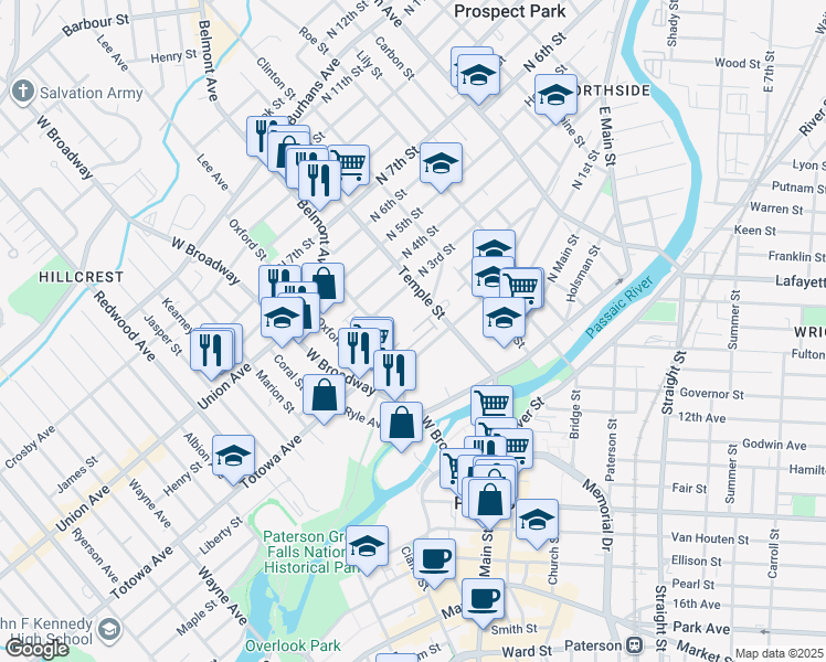 map of restaurants, bars, coffee shops, grocery stores, and more near Sandy Court in Paterson