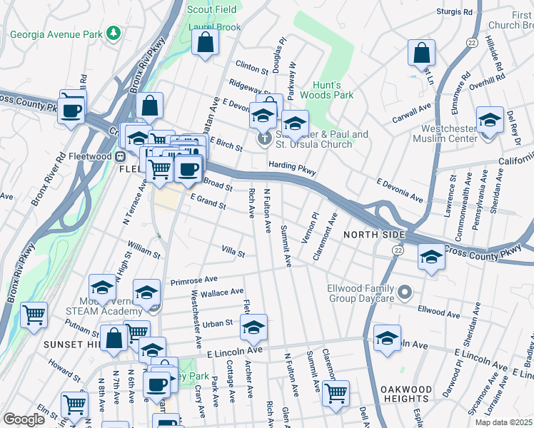 map of restaurants, bars, coffee shops, grocery stores, and more near North Fulton Avenue & East Grand Street in Mount Vernon