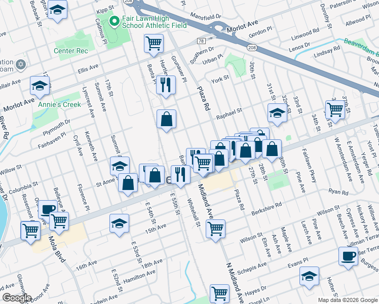map of restaurants, bars, coffee shops, grocery stores, and more near 22-27 Rosalie Street in Fair Lawn