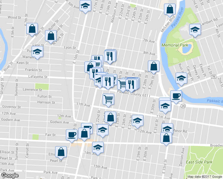 map of restaurants, bars, coffee shops, grocery stores, and more near 363 10th Ave in Paterson