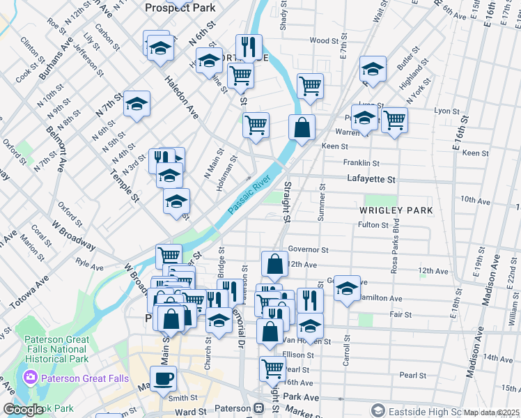 map of restaurants, bars, coffee shops, grocery stores, and more near in Paterson
