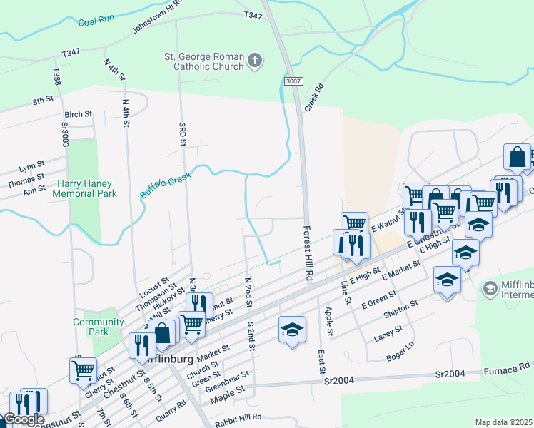 map of restaurants, bars, coffee shops, grocery stores, and more near 178 Gessner Lane in Mifflinburg