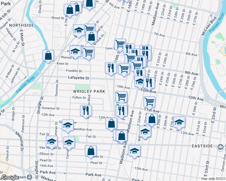 map of restaurants, bars, coffee shops, grocery stores, and more near 402 East 16th Street in Paterson