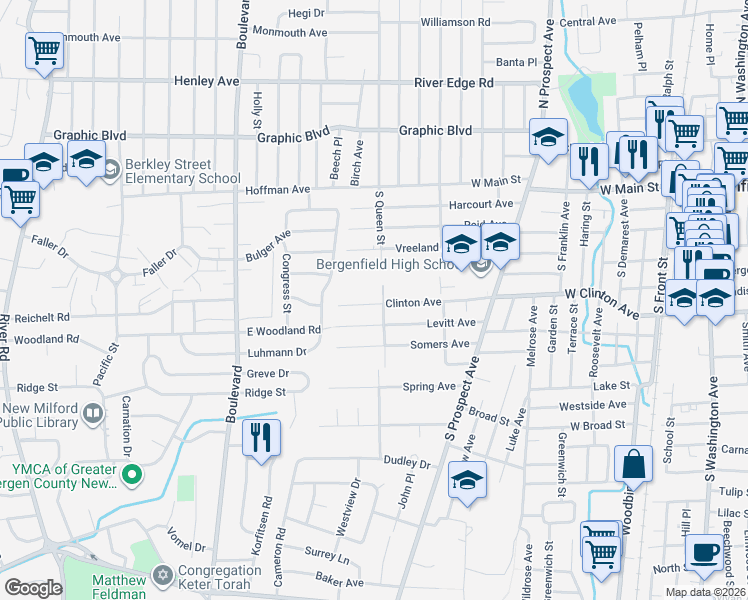 map of restaurants, bars, coffee shops, grocery stores, and more near 223 Clinton Avenue in Bergenfield