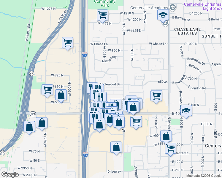 map of restaurants, bars, coffee shops, grocery stores, and more near 551 Applewood Drive in Centerville