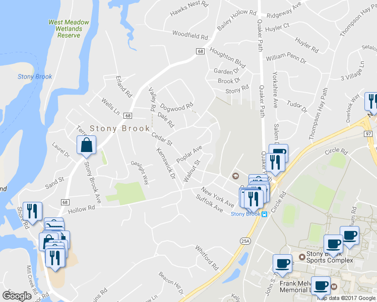 map of restaurants, bars, coffee shops, grocery stores, and more near 17 Poplar Avenue in Stony Brook