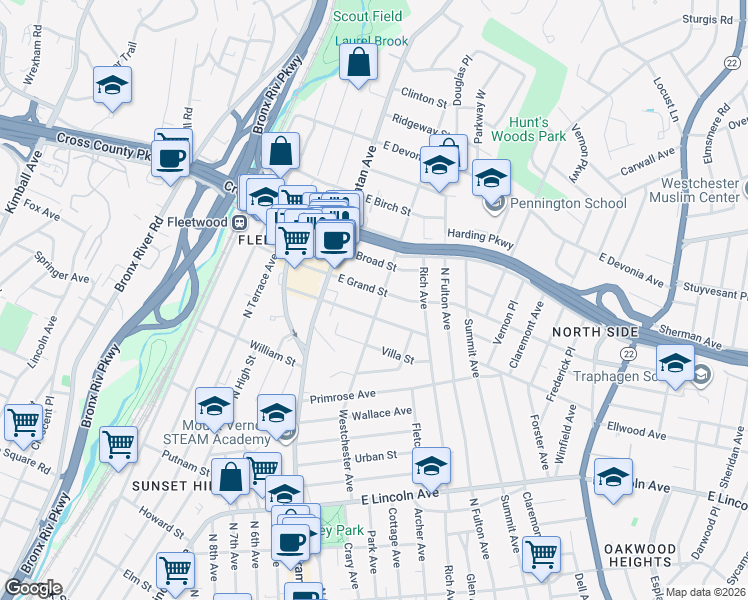 map of restaurants, bars, coffee shops, grocery stores, and more near 42 East Grand Street in Mount Vernon