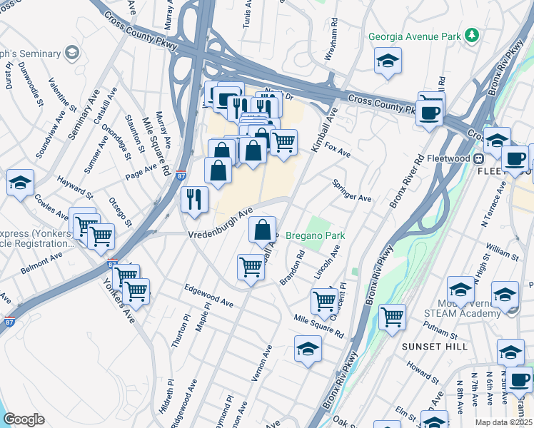 map of restaurants, bars, coffee shops, grocery stores, and more near 128 Vredenburgh Avenue in Yonkers