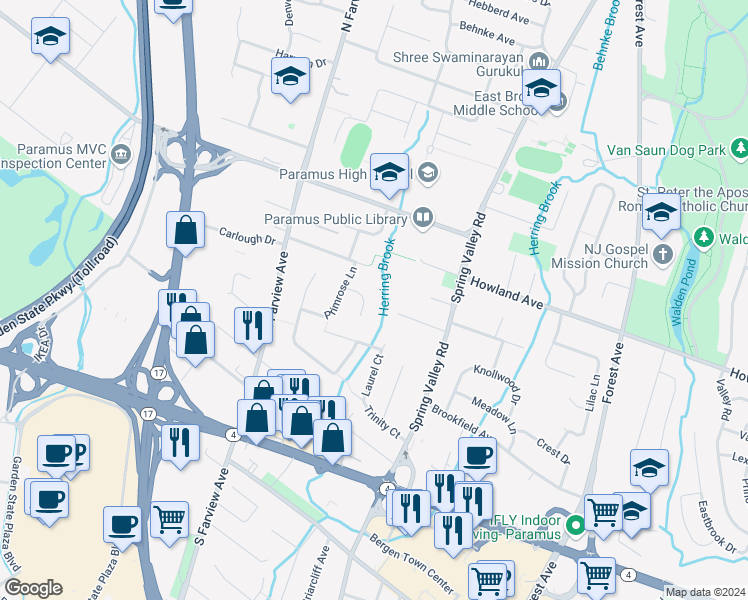 map of restaurants, bars, coffee shops, grocery stores, and more near 9 Daisy Way in Paramus