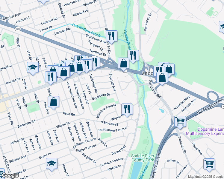 map of restaurants, bars, coffee shops, grocery stores, and more near 39-33 Wenonah Drive in Fair Lawn