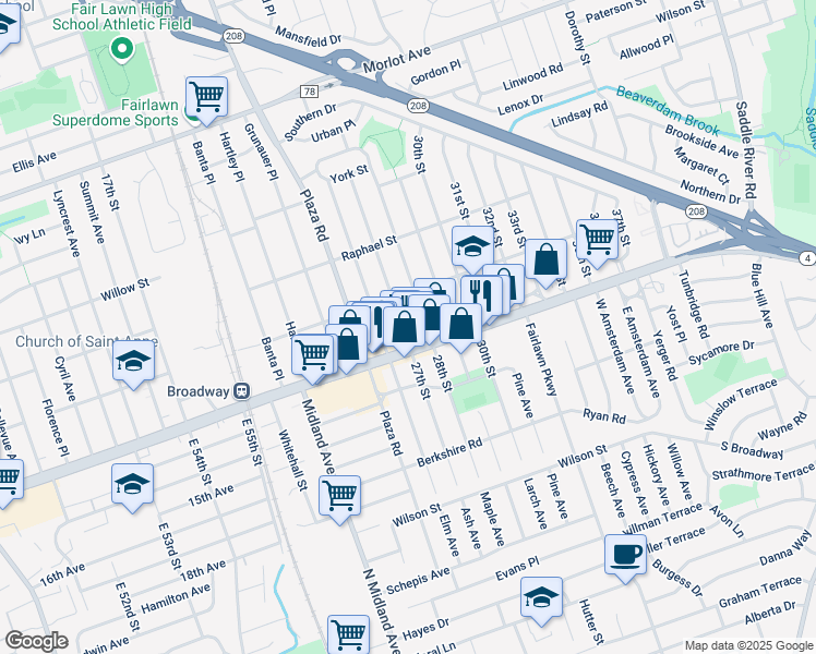 map of restaurants, bars, coffee shops, grocery stores, and more near 1-33 27th Street in Fair Lawn