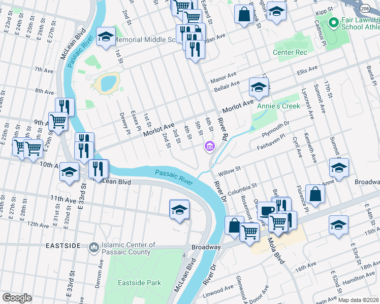 map of restaurants, bars, coffee shops, grocery stores, and more near 4-02 Alyson Street in Fair Lawn