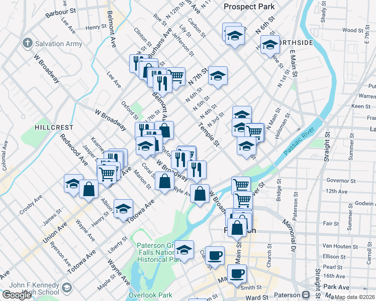 map of restaurants, bars, coffee shops, grocery stores, and more near 22 Arlington Street in Paterson