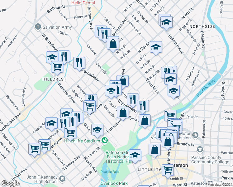 map of restaurants, bars, coffee shops, grocery stores, and more near 244 West Broadway in Paterson