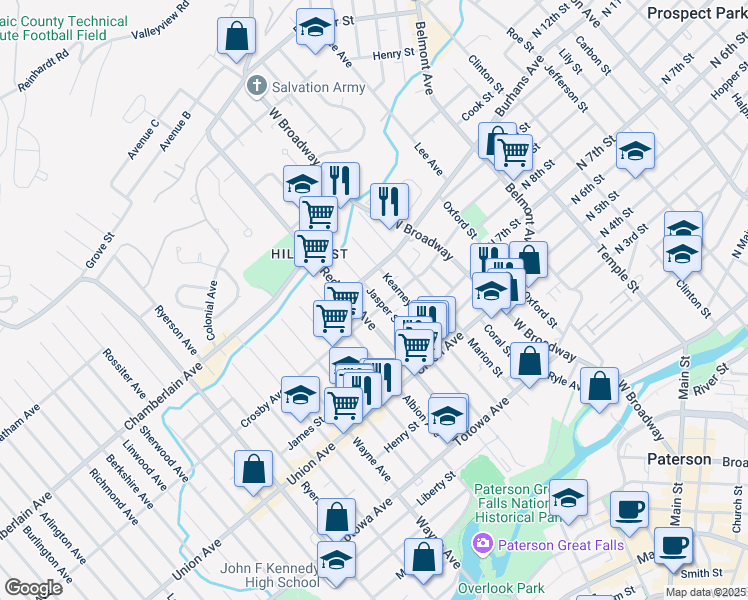 map of restaurants, bars, coffee shops, grocery stores, and more near 229 Kearney Street in Paterson