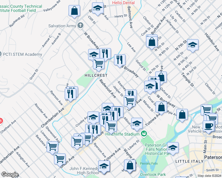 map of restaurants, bars, coffee shops, grocery stores, and more near 6 Doremus Street in Paterson