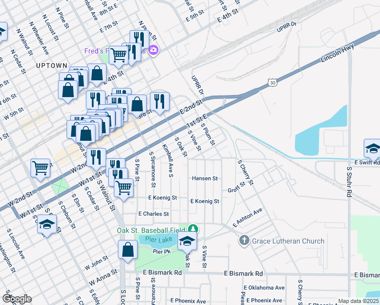 map of restaurants, bars, coffee shops, grocery stores, and more near 401-499 E Division St in Grand Island