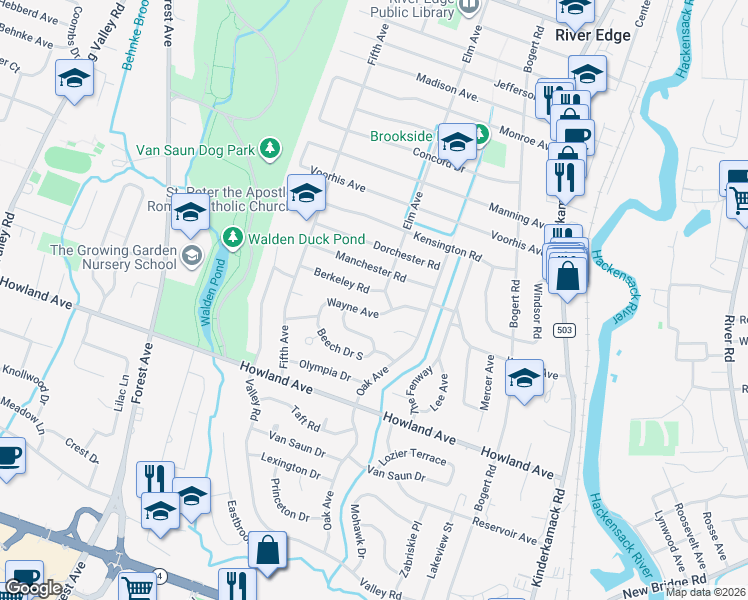 map of restaurants, bars, coffee shops, grocery stores, and more near 211 Berkeley Road in River Edge
