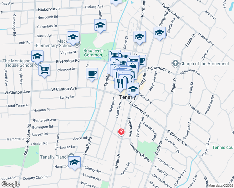 map of restaurants, bars, coffee shops, grocery stores, and more near 27 West Clinton Avenue in Tenafly