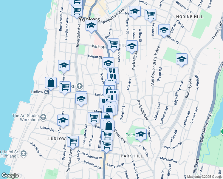 map of restaurants, bars, coffee shops, grocery stores, and more near 10 Highland Avenue in Yonkers