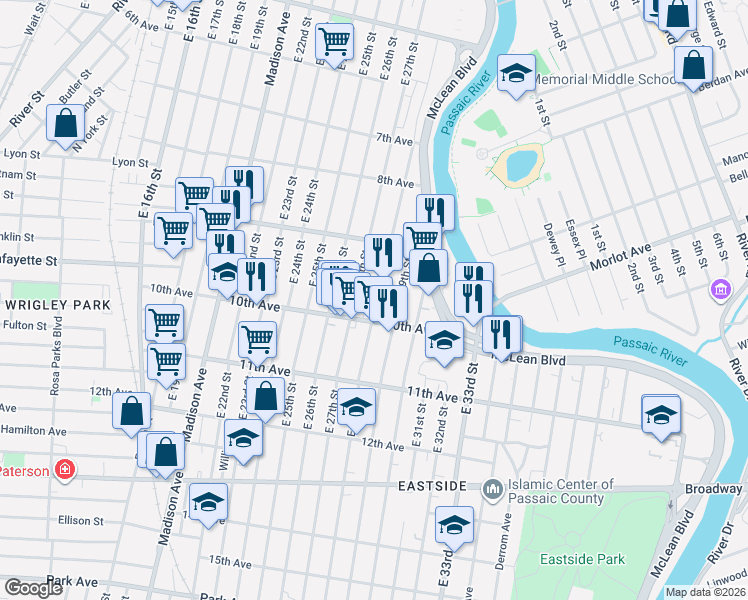 map of restaurants, bars, coffee shops, grocery stores, and more near 351 East 28th Street in Paterson