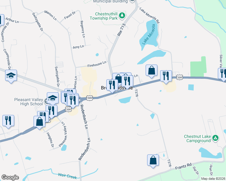 map of restaurants, bars, coffee shops, grocery stores, and more near 111 Pennsylvania 715 in Brodheadsville