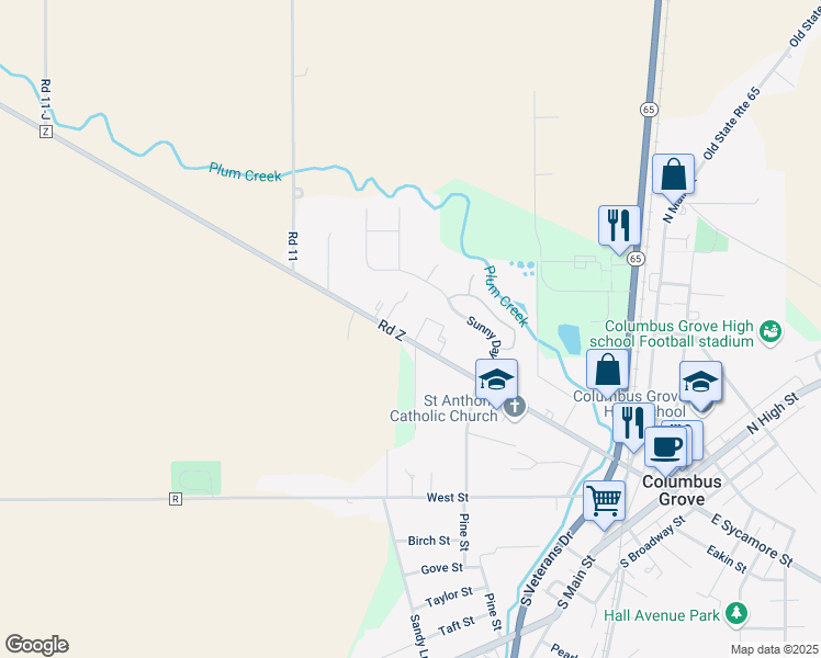 map of restaurants, bars, coffee shops, grocery stores, and more near 629 West Sycamore Street in Columbus Grove