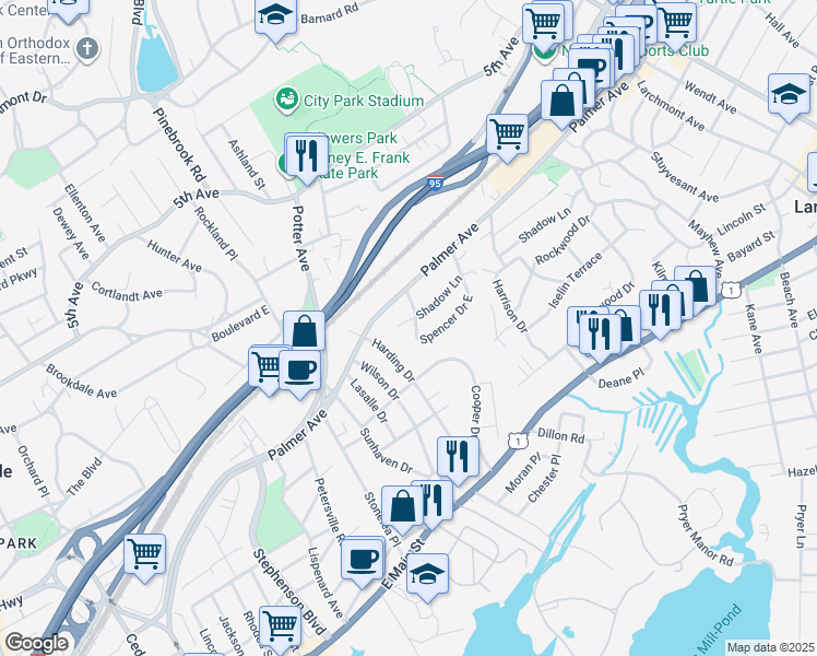 map of restaurants, bars, coffee shops, grocery stores, and more near 29 Spencer Drive in New Rochelle