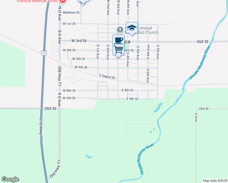 map of restaurants, bars, coffee shops, grocery stores, and more near 208 East 8th Street in Villisca