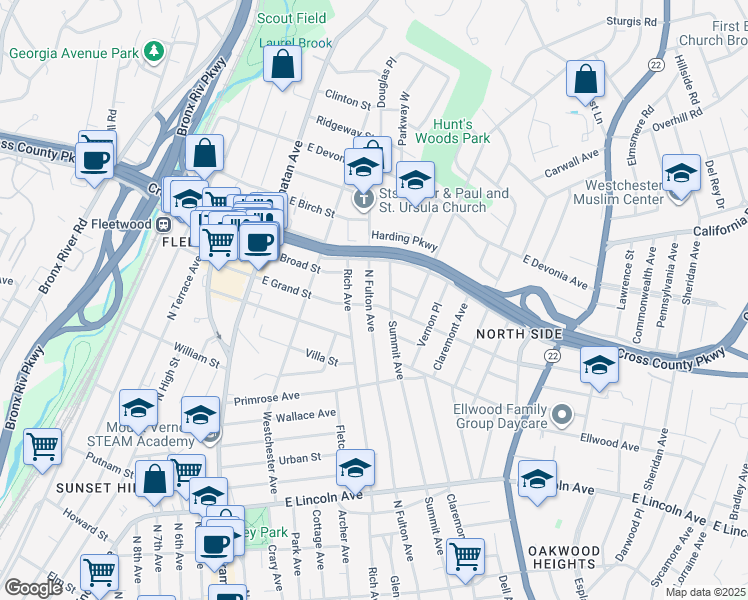 map of restaurants, bars, coffee shops, grocery stores, and more near 414 North Fulton Avenue in Mount Vernon