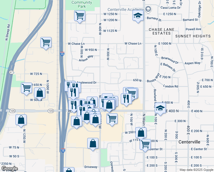 map of restaurants, bars, coffee shops, grocery stores, and more near 638 North 400 West in Centerville