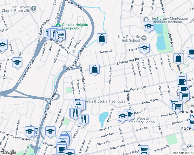map of restaurants, bars, coffee shops, grocery stores, and more near 35 Rosedale Avenue in New Rochelle