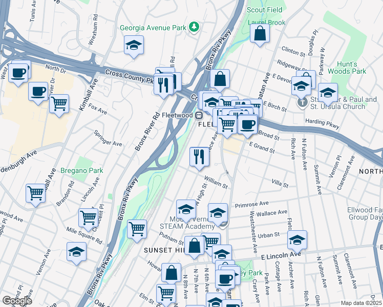 map of restaurants, bars, coffee shops, grocery stores, and more near 642 Locust Street in Mount Vernon