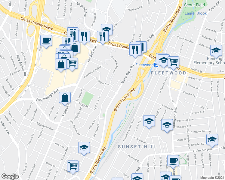map of restaurants, bars, coffee shops, grocery stores, and more near 66 Springer Avenue in Yonkers
