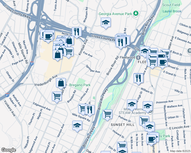 map of restaurants, bars, coffee shops, grocery stores, and more near 66 Springer Avenue in Yonkers