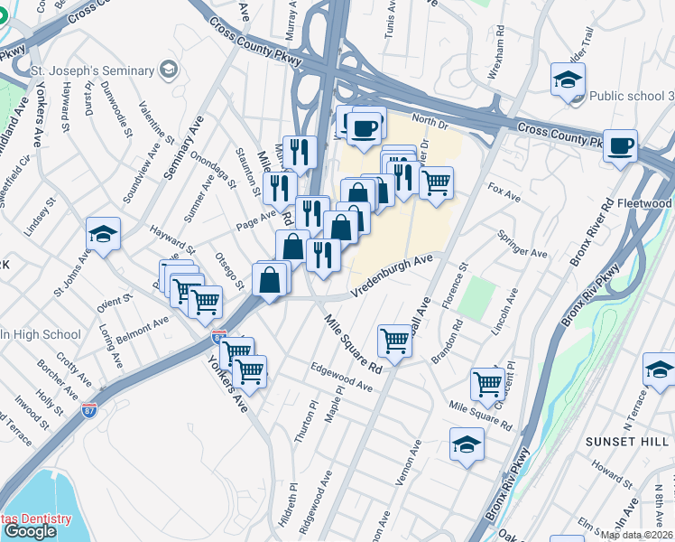 map of restaurants, bars, coffee shops, grocery stores, and more near 18 Mildred Street in Yonkers