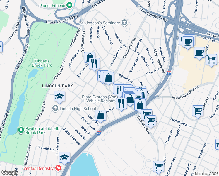 map of restaurants, bars, coffee shops, grocery stores, and more near 29 Cowles Avenue in Yonkers
