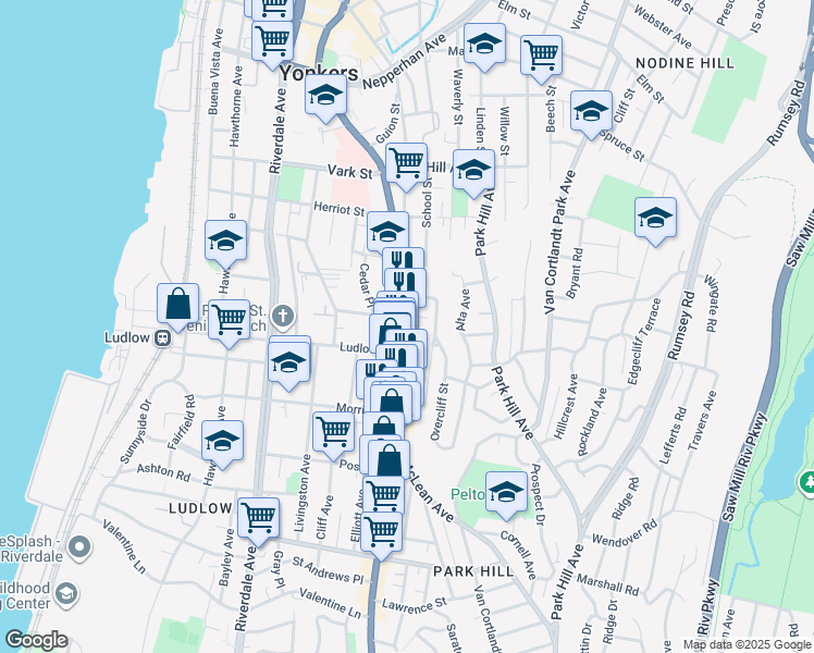 map of restaurants, bars, coffee shops, grocery stores, and more near 10 Highland Avenue in Yonkers