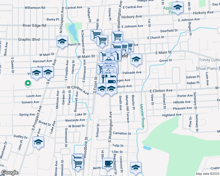 map of restaurants, bars, coffee shops, grocery stores, and more near 89-91 South Washington Avenue in Bergenfield