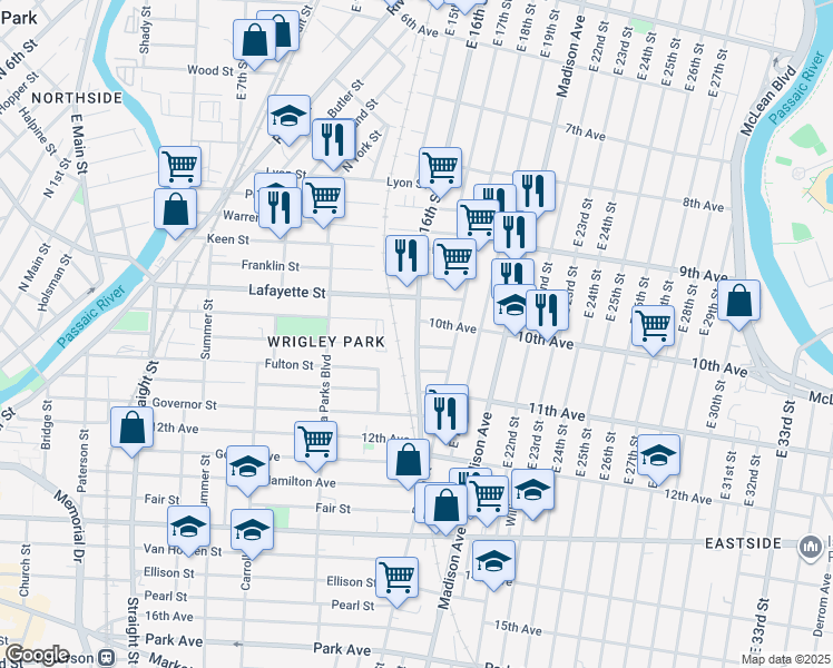 map of restaurants, bars, coffee shops, grocery stores, and more near 402 East 16th Street in Paterson