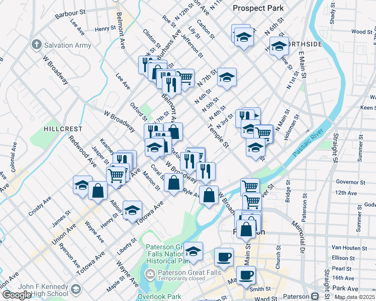 map of restaurants, bars, coffee shops, grocery stores, and more near 22 Arlington Street in Paterson