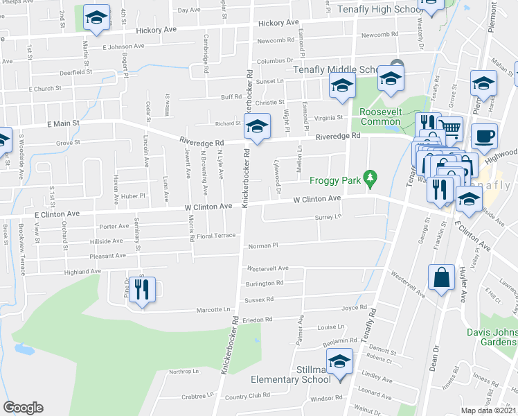 map of restaurants, bars, coffee shops, grocery stores, and more near 252 W Clinton Ave in Tenafly