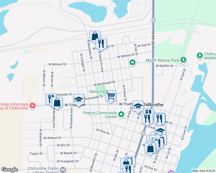 map of restaurants, bars, coffee shops, grocery stores, and more near 1428 North Santa Fe Avenue in Chillicothe
