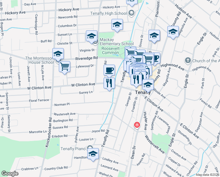 map of restaurants, bars, coffee shops, grocery stores, and more near 8 Cameron Road in Tenafly