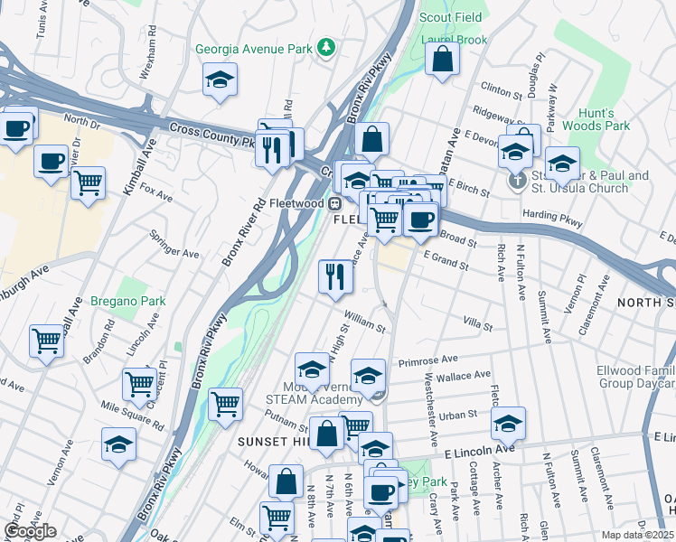 map of restaurants, bars, coffee shops, grocery stores, and more near 636 North Terrace Avenue in Mount Vernon