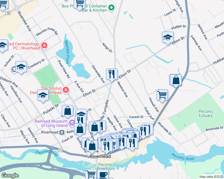 map of restaurants, bars, coffee shops, grocery stores, and more near 505 Northville Turnpike in Riverhead