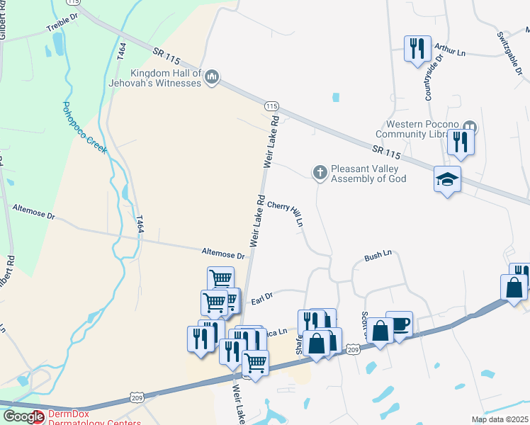 map of restaurants, bars, coffee shops, grocery stores, and more near 202 Cherry Hill Lane in Brodheadsville