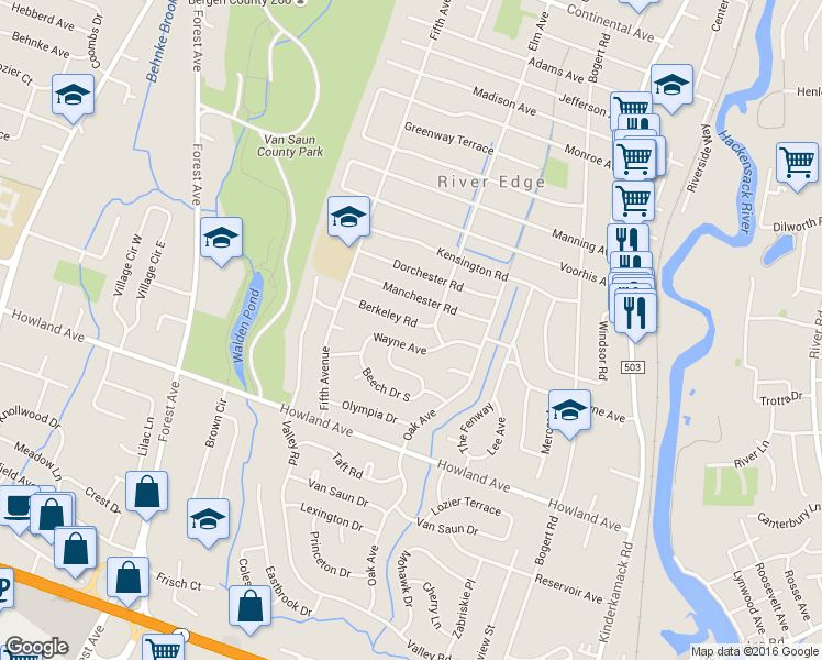 map of restaurants, bars, coffee shops, grocery stores, and more near 211 Berkeley Road in River Edge