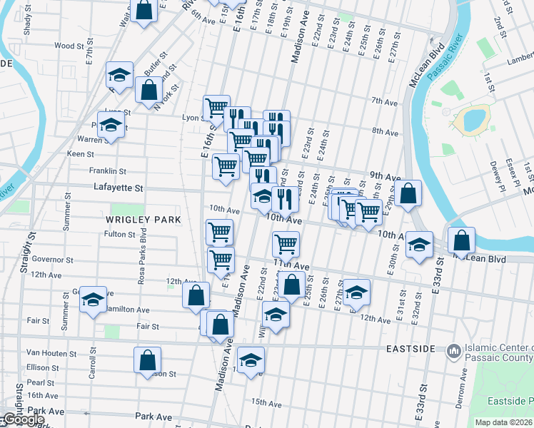 map of restaurants, bars, coffee shops, grocery stores, and more near 468 East 22nd Street in Paterson